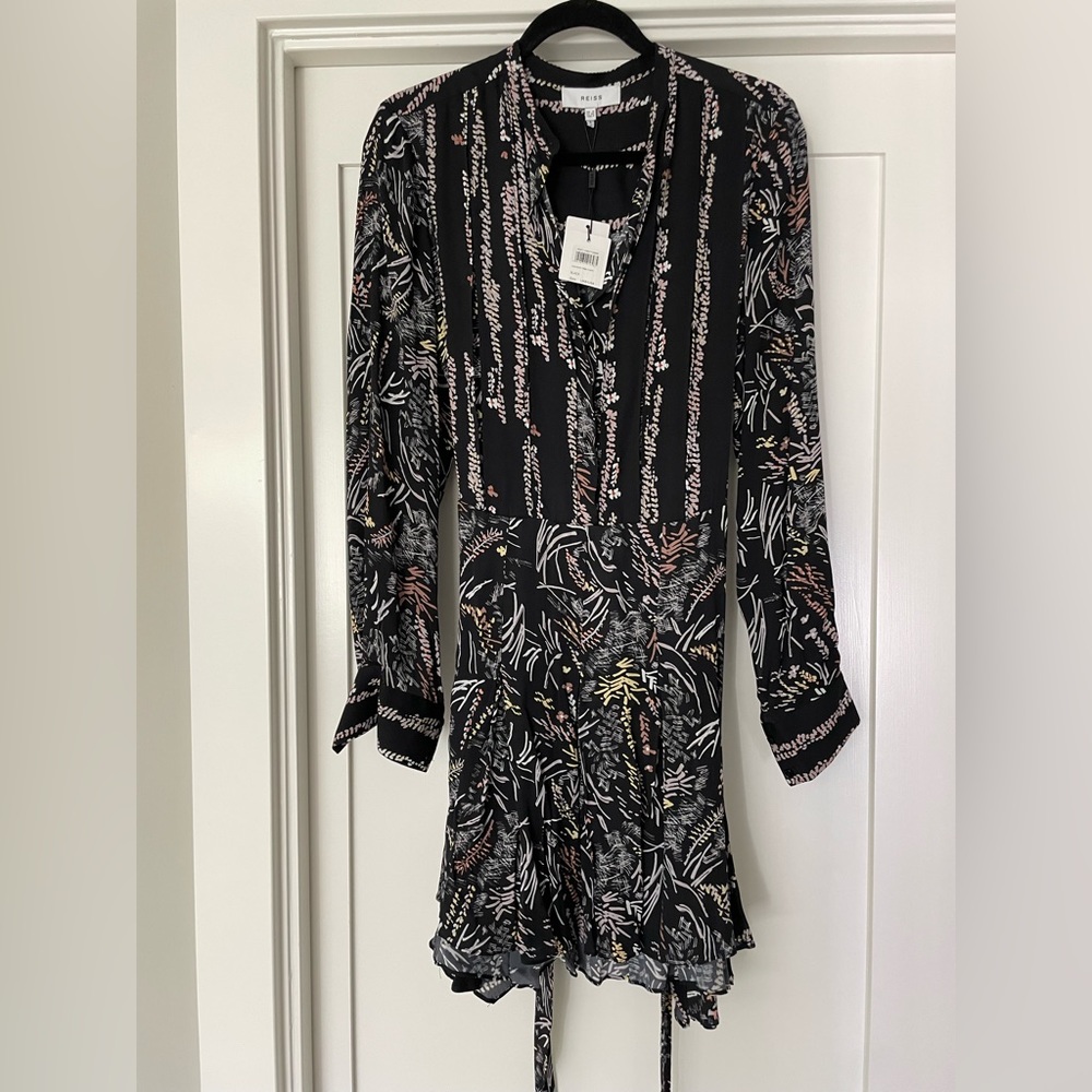 Reiss Black and Pink Patterned Long Sleeve Dress